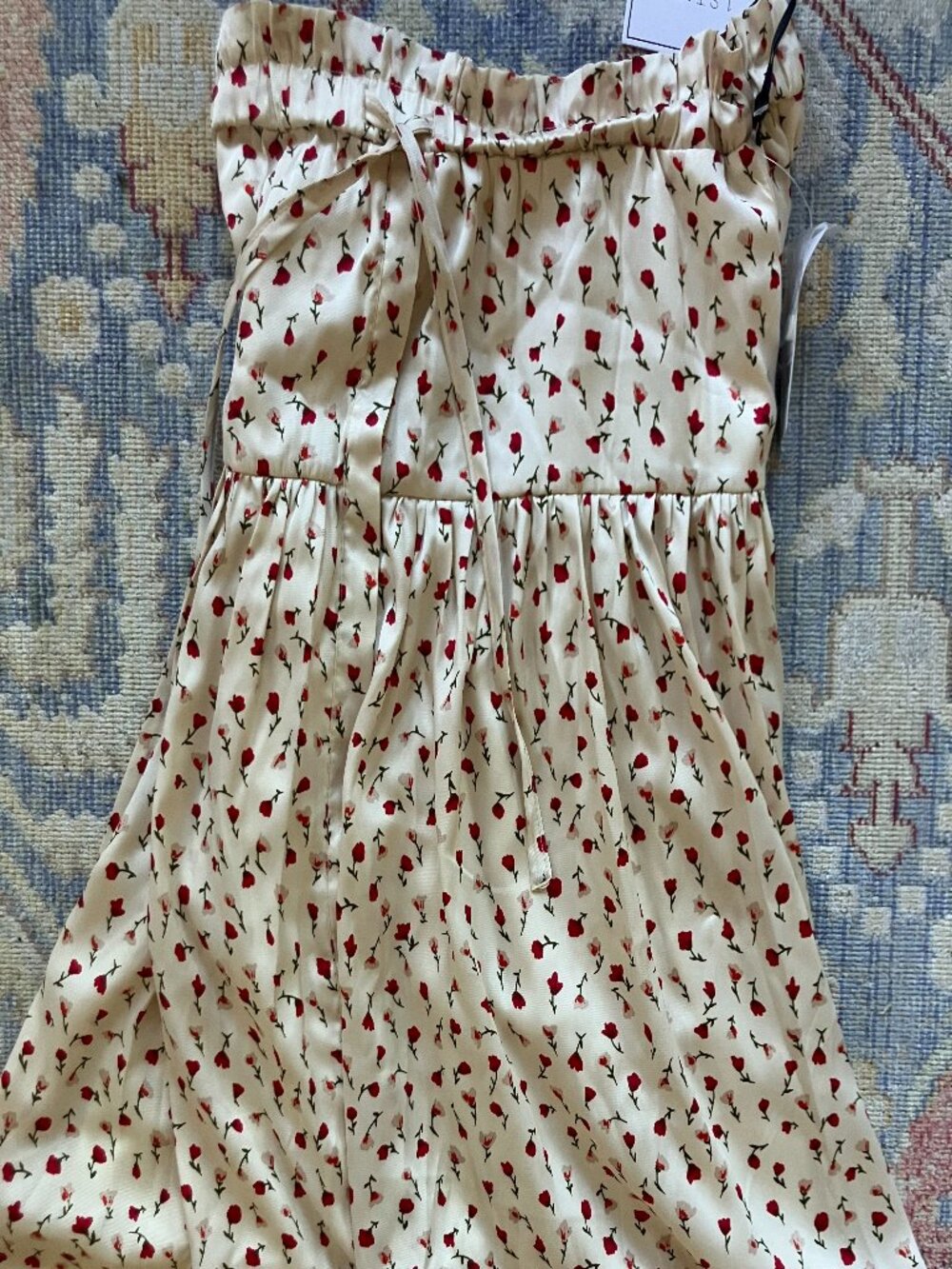 Red and White Floral Satin Midi Skirt